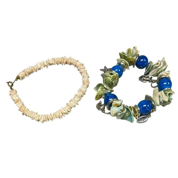 Vintage Puka Shell Ankle Bracelet and Vintage Green Shell and Blue Stone Beaded - Picture 1 of 6